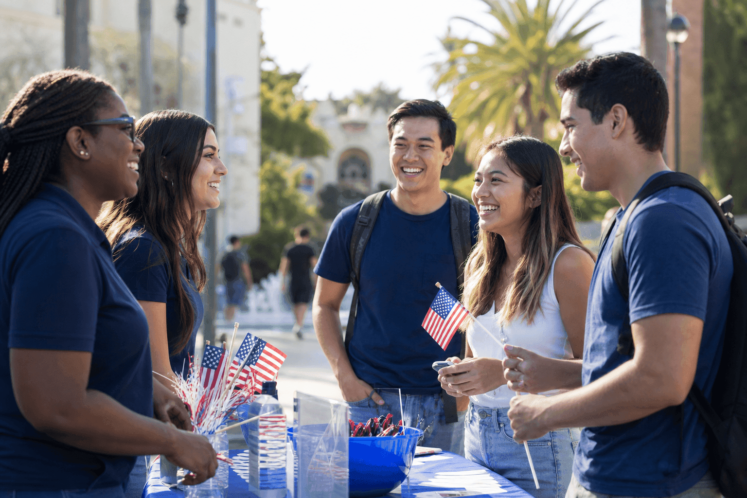 Students at a Turning Point USA info table on a sunny California campus